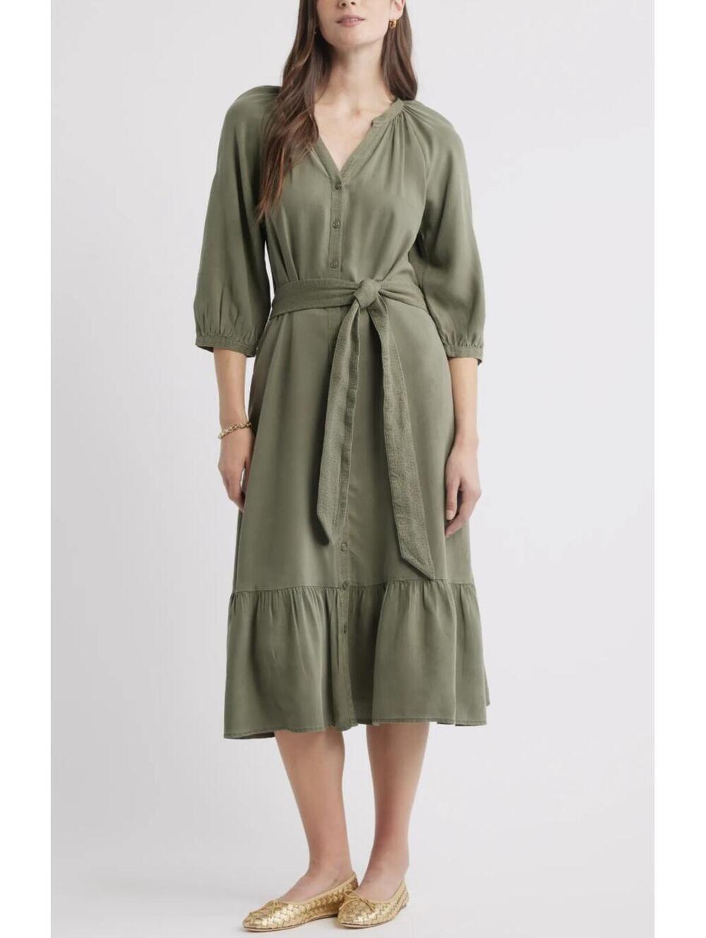 Caslon Olive Green Tencel Belted Long Sleeve Midi Shirt Dress XL NWT